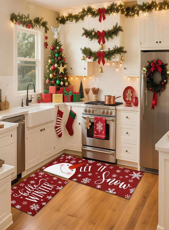 sdhinlwo Let It Snow Snowman Snowflake Winter Christmas Decorative Kitchen Mats Set of 2, Home Party Low-Profile Kitchen Rugs,Red Christmas Kitchen Mats for Floor 17x30+17x47 Inch - Image 2